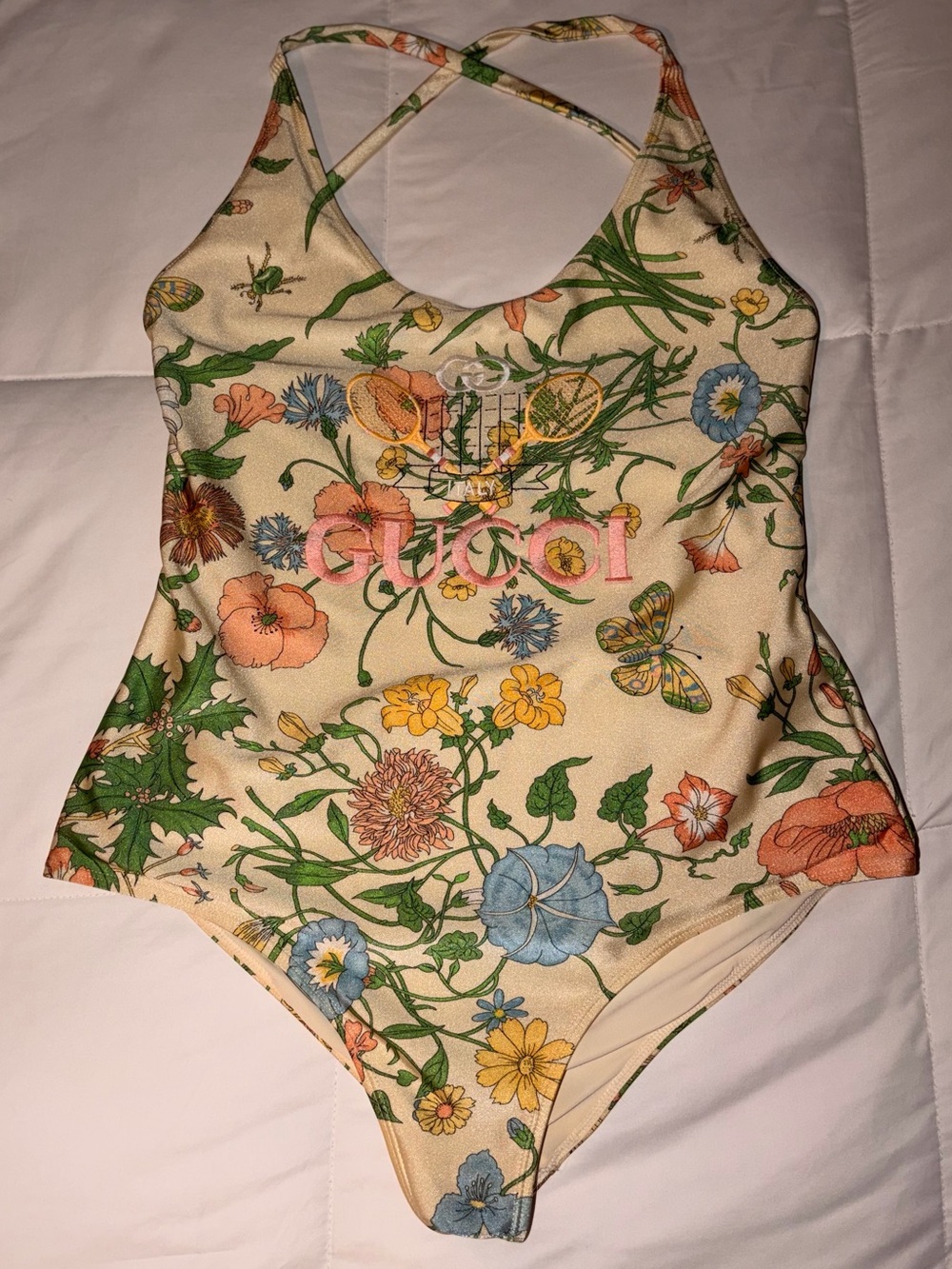 Gucci Kids Cream Floral One-Piece Swimsuit with Multicolor Flower Print